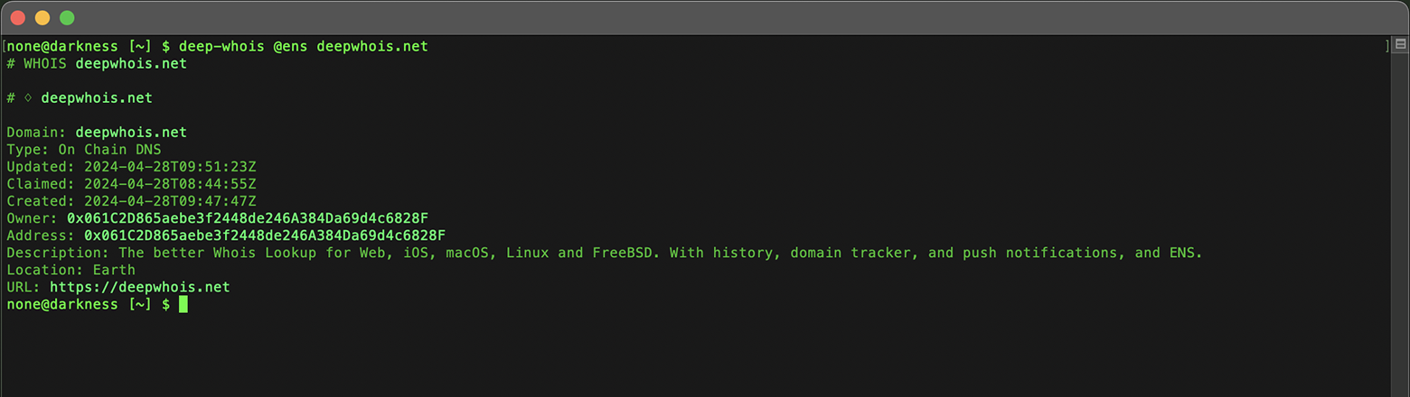 Domene-Whois-oppslag i Terminal: ENS-data for deepwhois.net