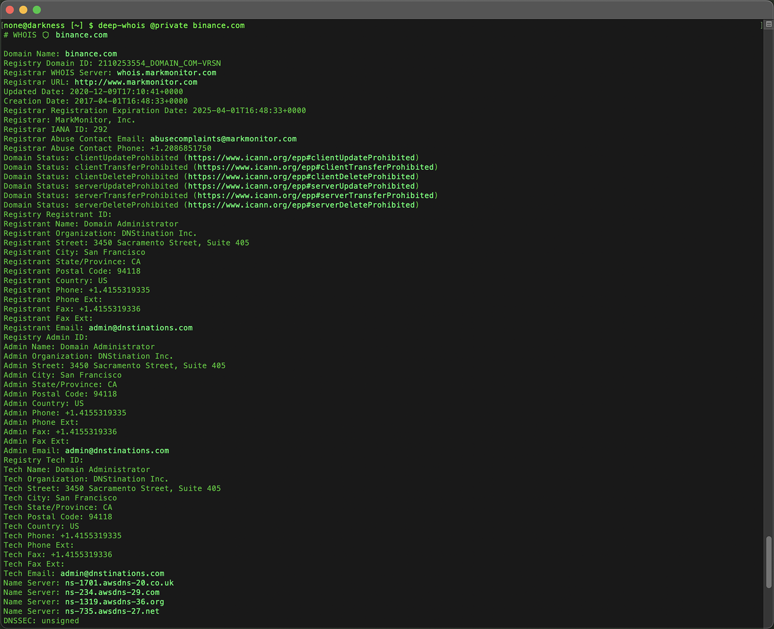 Privacy Shield: sikker Whois-oppslag i Terminal (domenet binance.com)