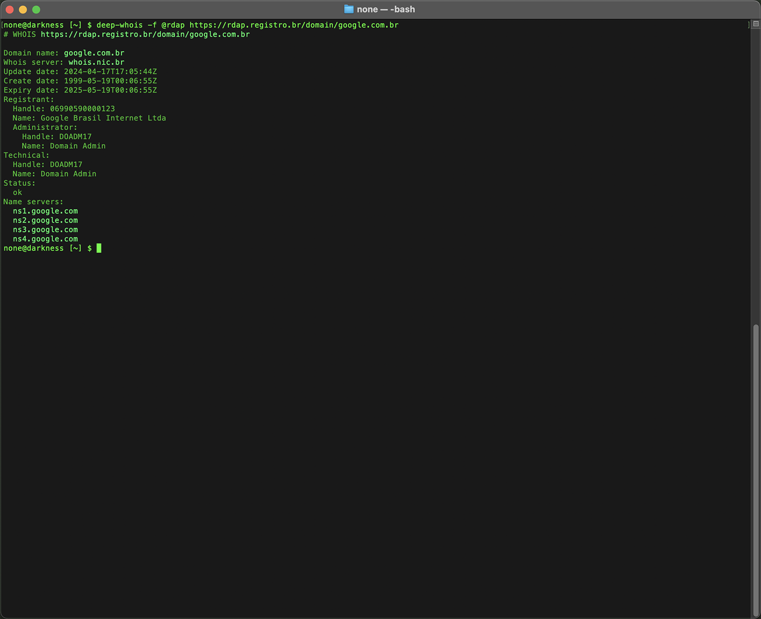 RDAP Whois-oppslag i Terminal for domenet google.com.br
