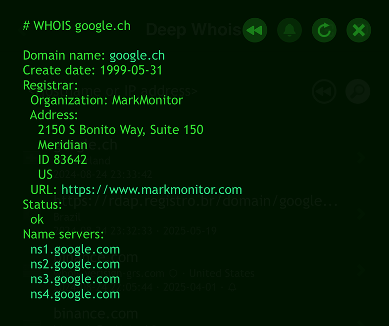 RDAP Whois-oppslag på iOS for domenet google.ch