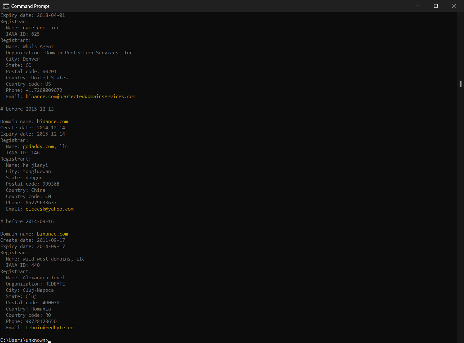Whois-geschiedenis voor domein binance.com in Deep Whois op Windows