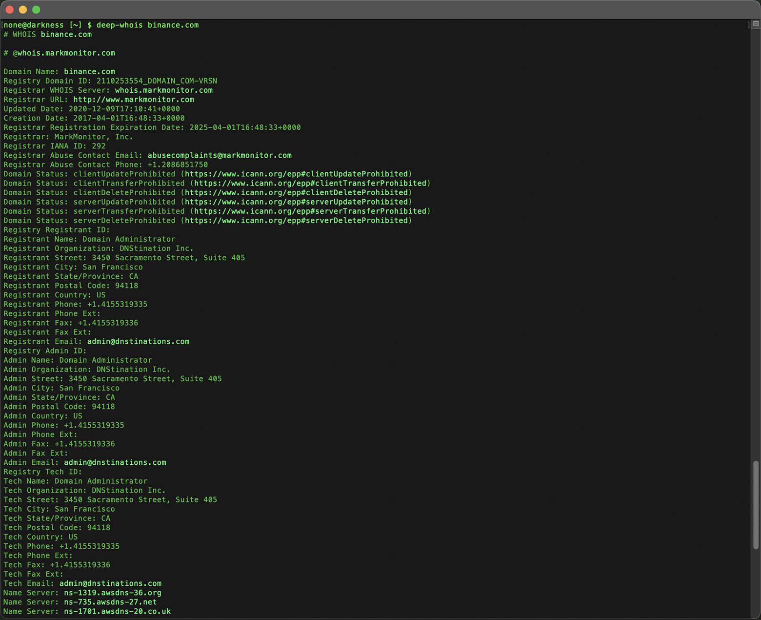Deep Whois no Terminal: dados para o domínio binance.com