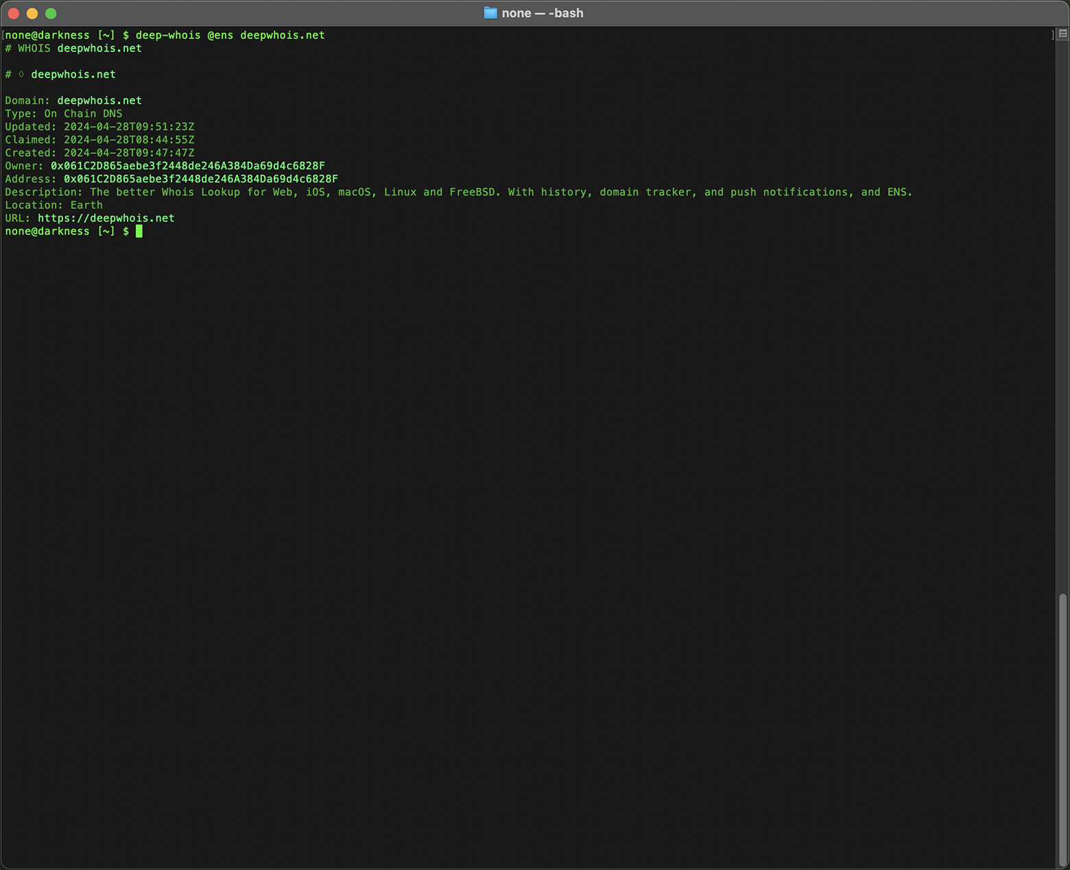 Pesquisa ENS Whois no Terminal para o domínio deepwhois.net