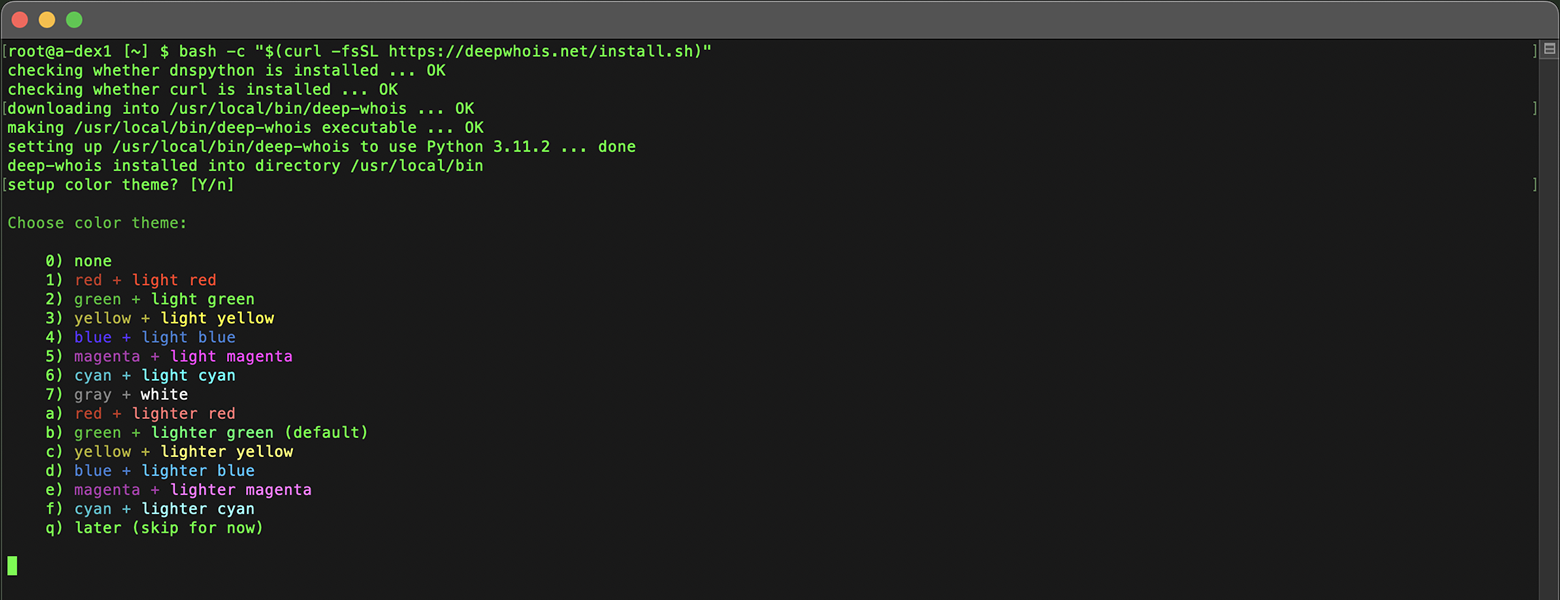 Instalacja wyszukiwania Whois w Ubuntu/Debian/Kali Linux: kolory Deep Whois podczas instalacji