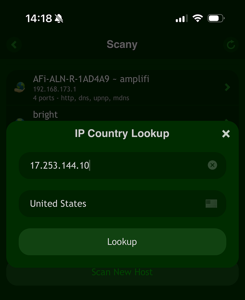 Scany Net Scanner na iOS: IP Country Lookup dla IPv4 (Apple)