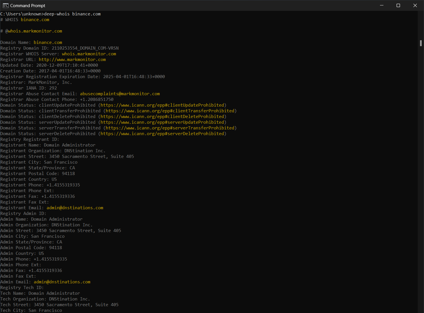 Deep Whois no Windows: dados no Command Prompt para binance.com
