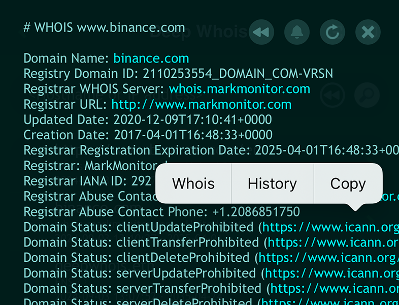 Whois-поиск домена на iOS: меню для ссылки binance.com