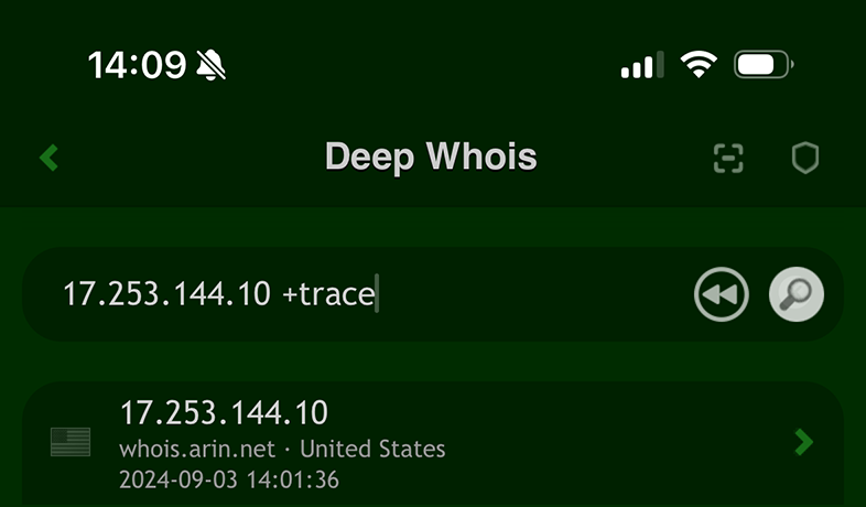 Whois-поиск по IP-адресу на iOS: запрос IPv4 (Apple) с trace