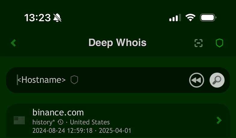 Кнопка Rewind на главном экране Deep Whois на iOS