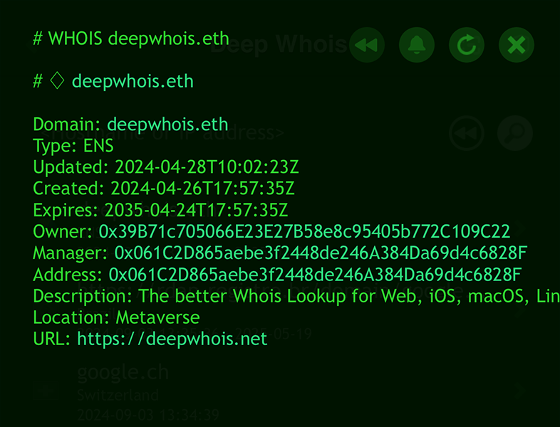 Whois-sökning på iOS: data för deepwhois.eth