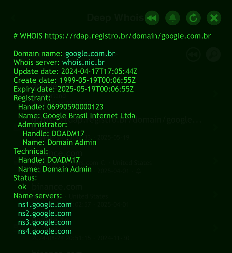 iOS’ta google.com.br alan adı için RDAP Whois Araması