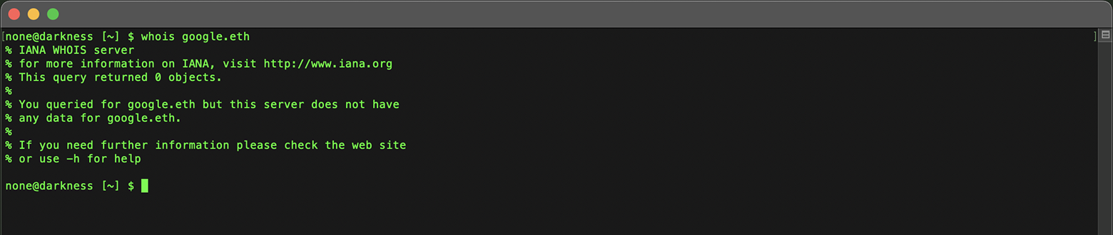 終端機中的網域 Whois 查詢：stock whois 查詢 google.eth 錯誤